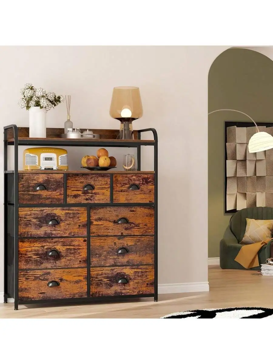 EnHomee Dresser with 9 Drawer TV Stand Dresser for Bedroom with 2 Shelves Fabric Dressers and Chest of Drawers with Wood 2