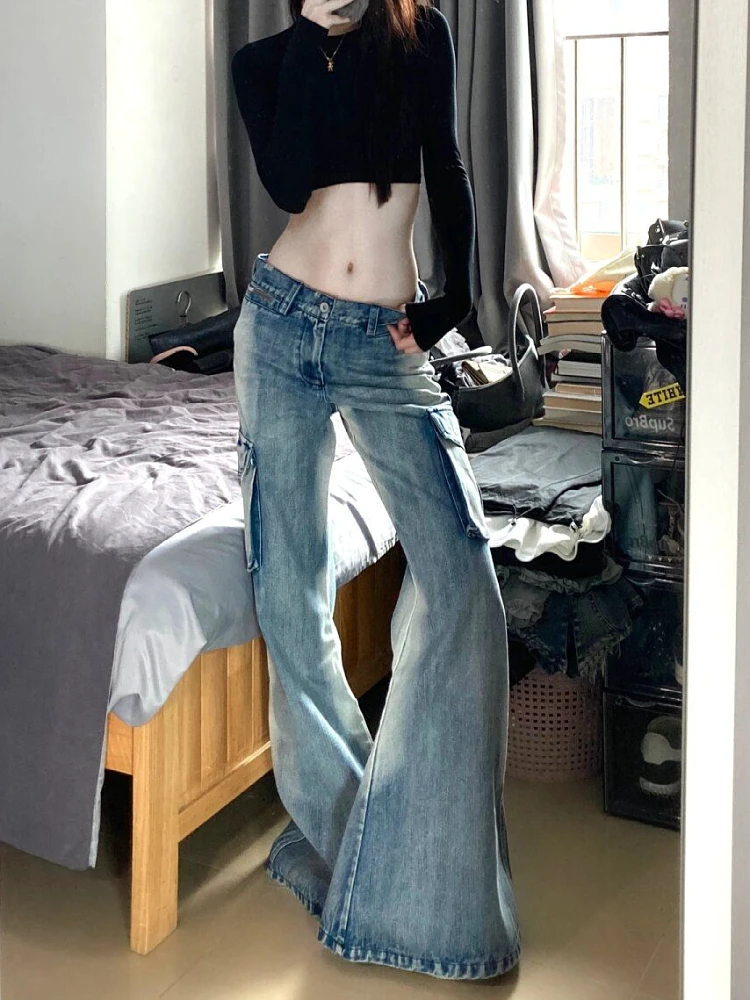 Woman American Style Jeans Aesthetics Denim Kpop Pants Gyaru Trousers High Street Bell Pockets Bottoms Zipper Low Waist