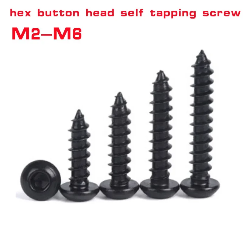 M2 M2.3 M2.6 M3 M3.5 M4 M5 M6 Black Hex Socket Button Head Self Tapping Screws 8.8 Steel Round Head Allen Tapping Screw 10-100pc