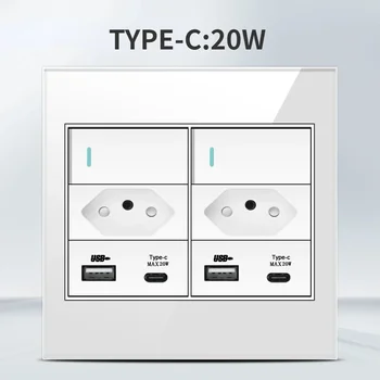 Melery 4x4เต้าเสียบหน้าจอโทรศัพท์ทนไฟ20A บราซิลมาตรฐาน USB คู่ชนิด C สวิทช์ช่องไฟไฟติดผนังสำนักงานสีขาวบ้าน 17