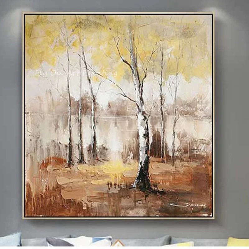 

100% hand painted square forest scenery landscape tree thick Oil Paintings on Canvas Modern Artwork Decoration