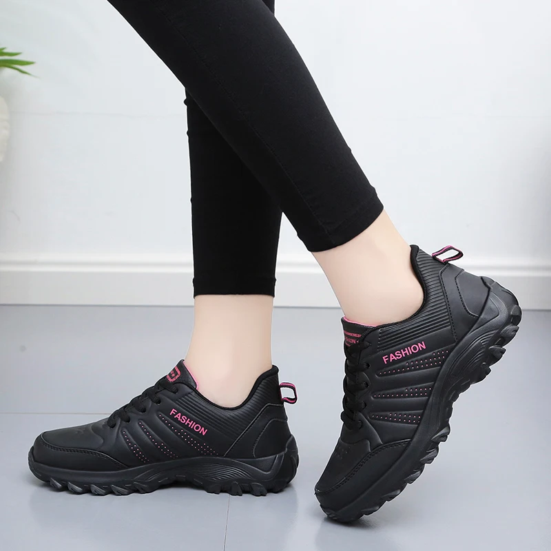 Women's Quality Leather Sneakers Casual Lightweight Sneakers Lace Up Trainers Comfortable Non-slip Flat Shoes Outdoor Hiking