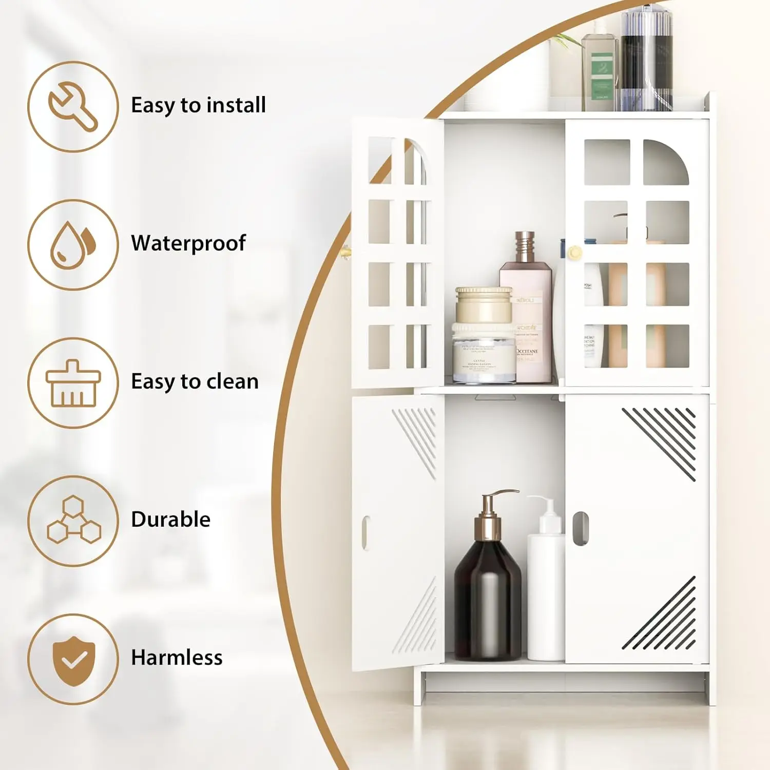 Bathroom Floor Cabinet 4 Tier, White Storage Cabinet with Doors, Free Standing Shelf Unit for Bathroom 20 x 20 x 117 cm