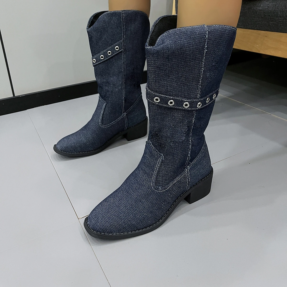 

Cowboy Women Mid Calf Chelsea Boots Winter New Mid Heels Shoes Square Toe Motorcycle Boots Chunky Goth Snow Pumps Botas Denim