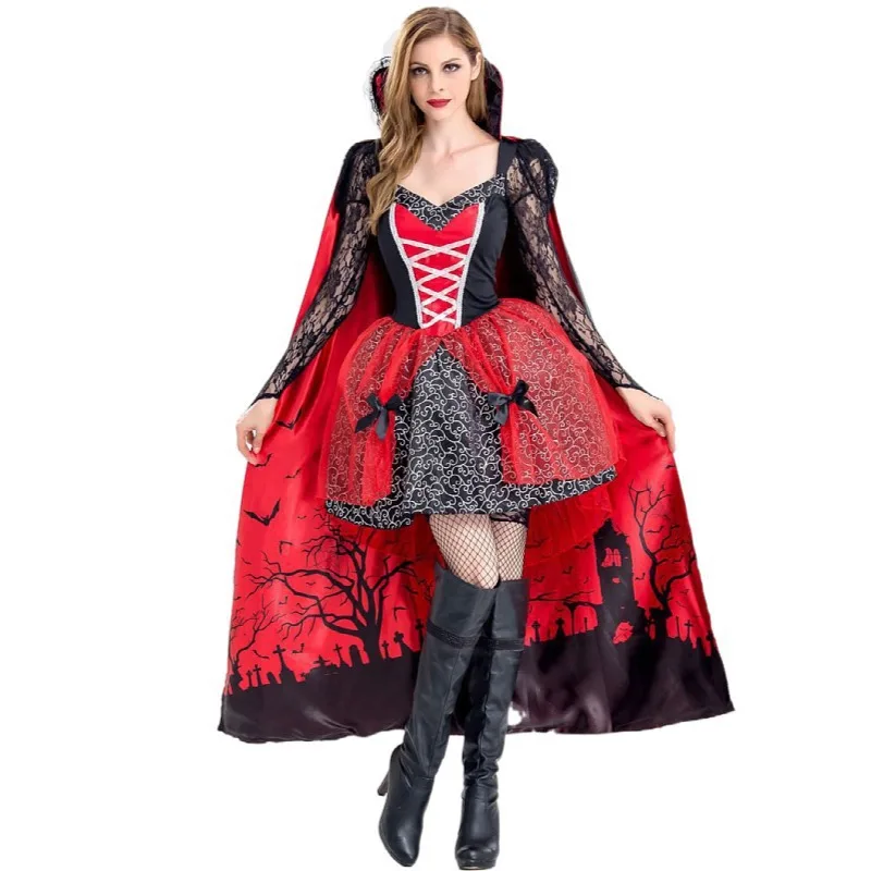 

Girls Halloween Witch Costume Makeup Ball Vampire Zombie Costumes Devil Queen Cosplay Costume Red Dress and Cape Set