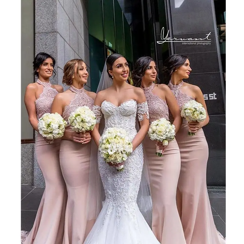 

Lorencia Halter Pink Long Bridesmaid Dresses Mermaid Lace Appliques Chiffon Maid of Honor Dress Wedding Guest Party Gown YBD21