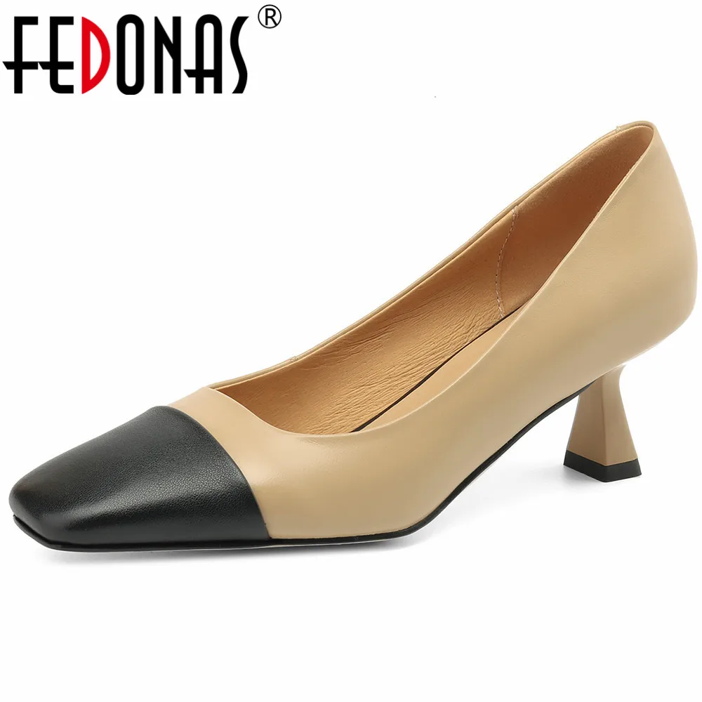 

FEDONAS Elegant Women Pumps Spring Summer Genuine Leather Square Toe Mixed Colors Thin High Heels Party Office Lady Shoes Woman