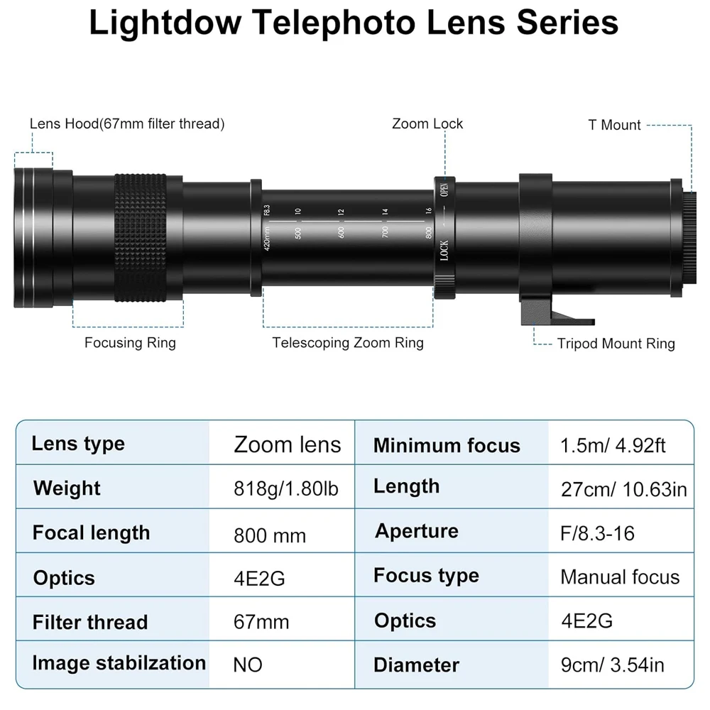Lightdow 420-800mm lente súper teleobjetivo con Zoom Manual
