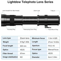 Lightdow 420-800mm F8.3-F16 Manual Zoom Super Telephoto Lens with T Mount Ring for Nikon Canon Sony Fuji Olympus Camera Lenses - Image 2