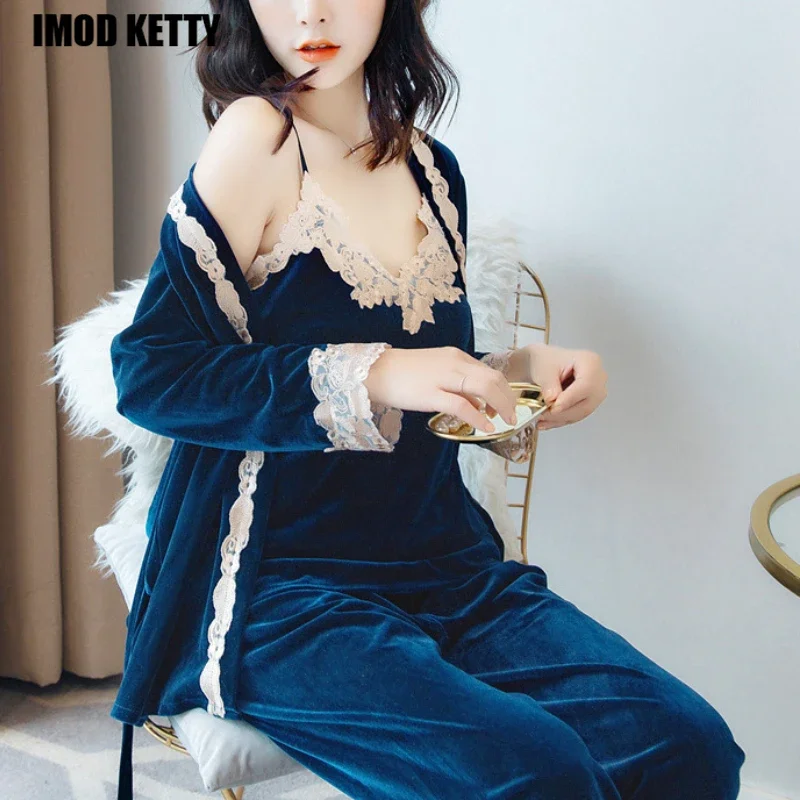

Autumn Winter Soft Comfortable Women Sling Deep Velvet Homewear 3PCS Women Pajama Sets Long Pant Set Robe Women Warm Pajamas Set