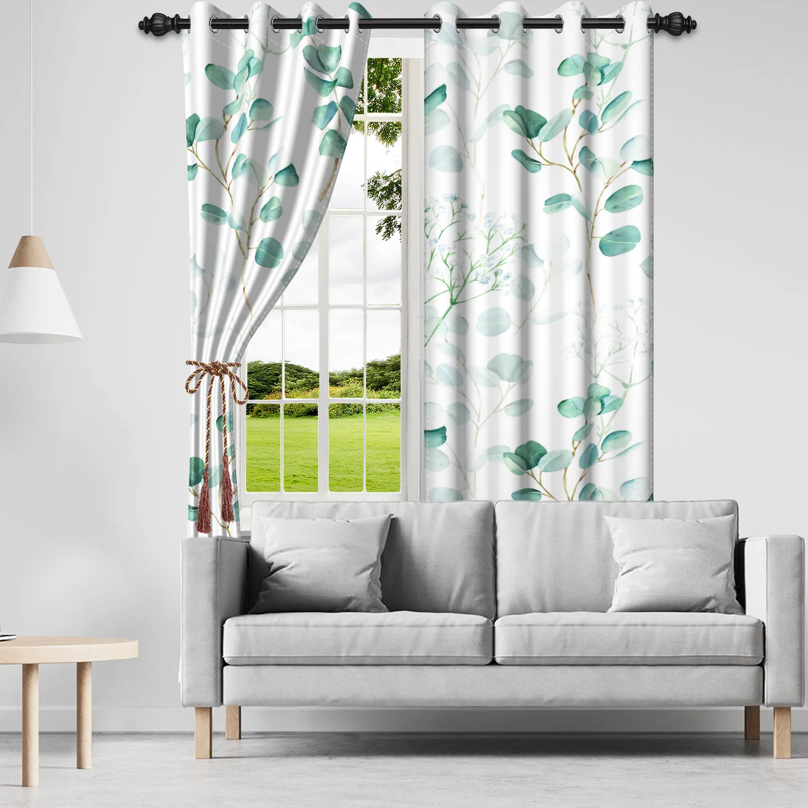 Vorhänge Grün Blatt 2er Set - Blickdicht Mit Aquarell Design Für Wohnzimmer & Schlafzimmer