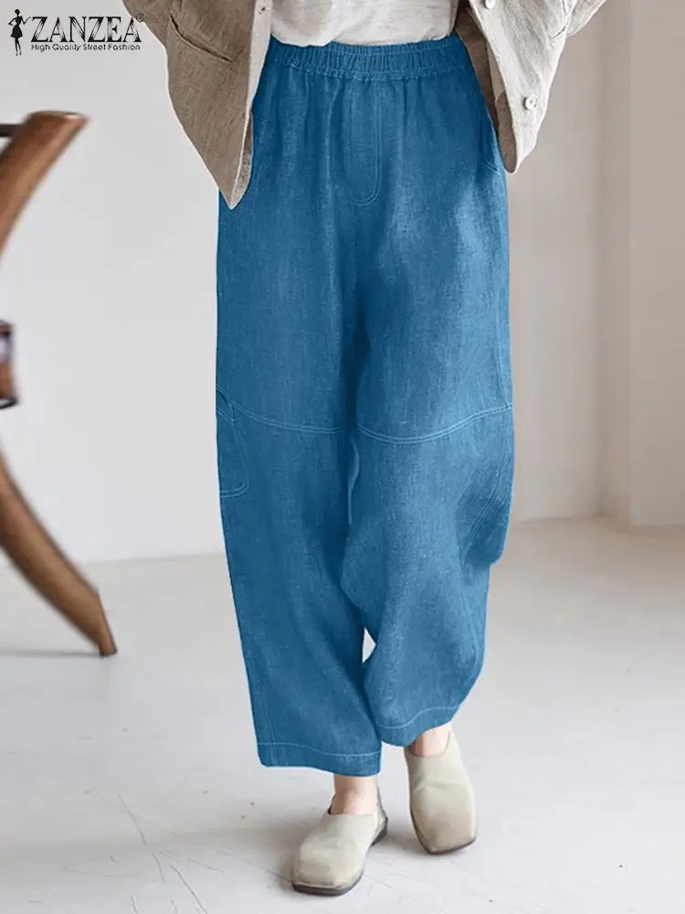 Women Denim Long Pants ZANZEA Elegant Elastic Waist Pantalones Casual Loose Harem Trousers 2023 Autumn Solid Pockets Bottoms