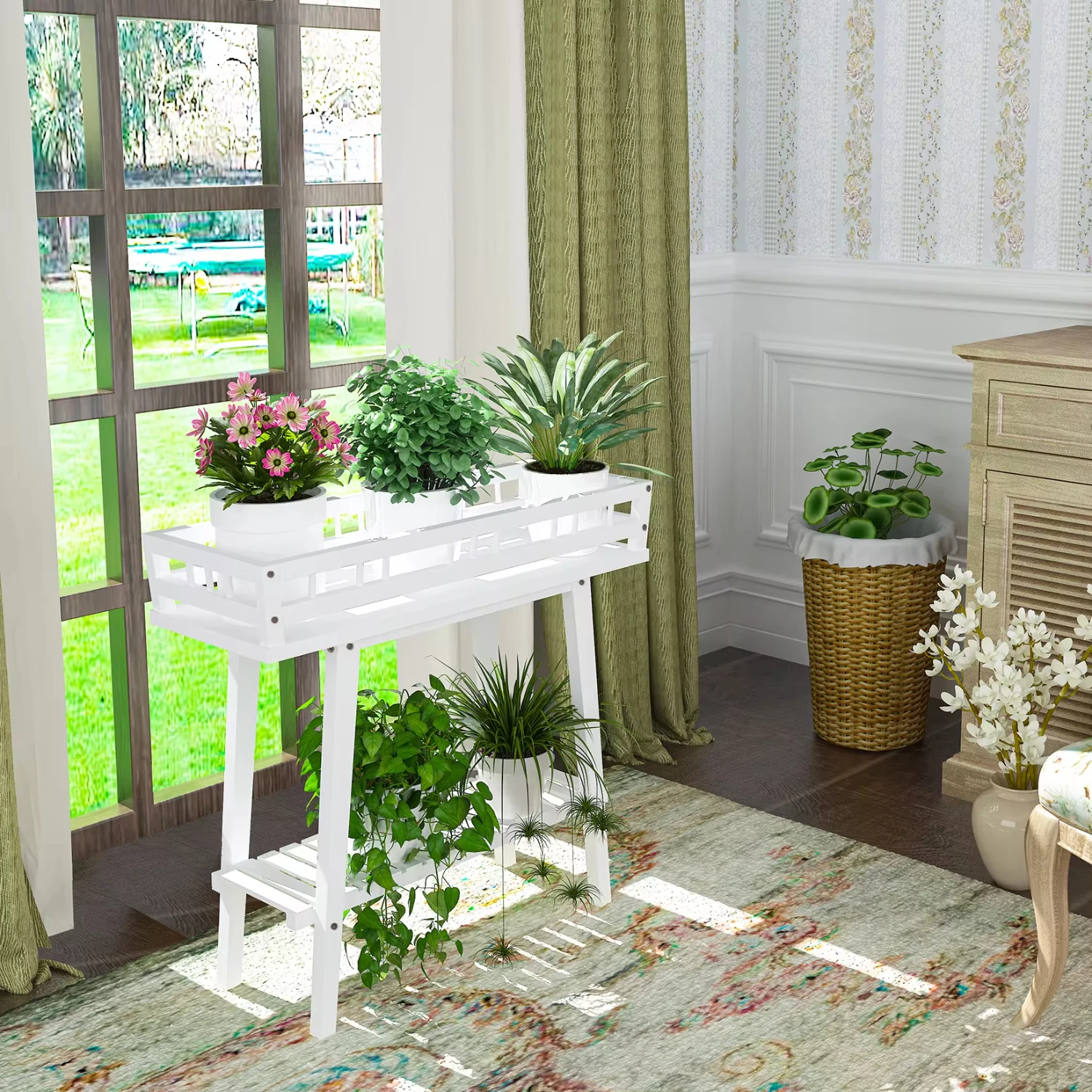 White Plant Shelf Indoor, 2 Tier Tall Plant Stand Table Multiple Plants, Window Table Plants