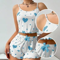 Women's Pajamas Set Sleepwear 2 PCS Short Tank Tops And Shorts S M L White Ventilate Soft Casual Love Printing 6