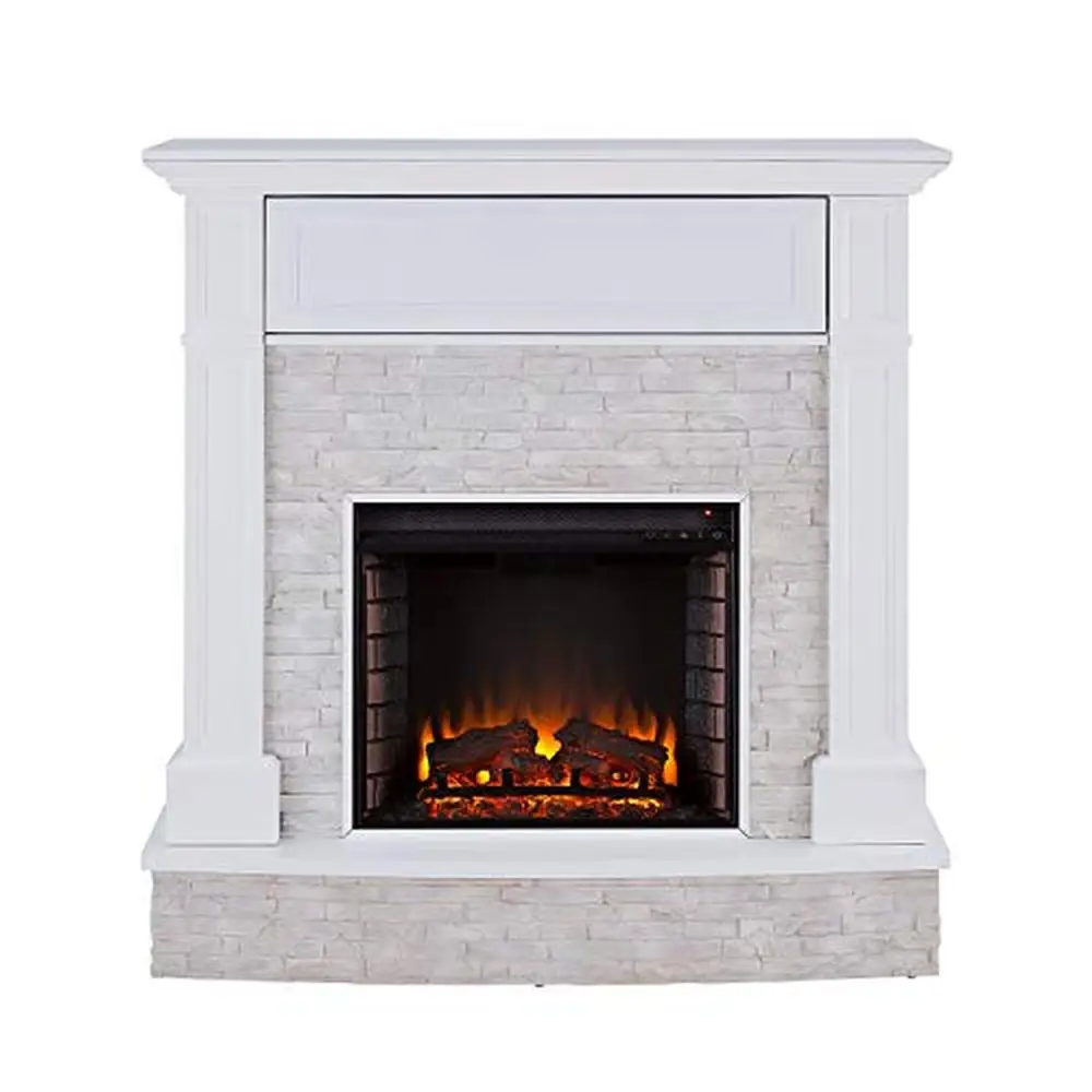 Electric White Stone Media Fireplace with Hidden Storage and Remote Control Transitional Style Cozy Heat 48" W x 14.5" D x 49.5" 4