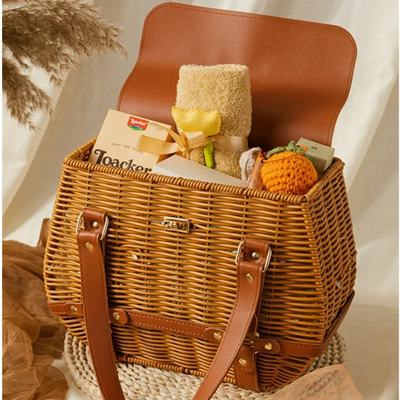 Rattan Woven Handbag with Storage Box Forest Department Pastoral Beach Holiday Wind Female Bag INS Wind Handbag 5