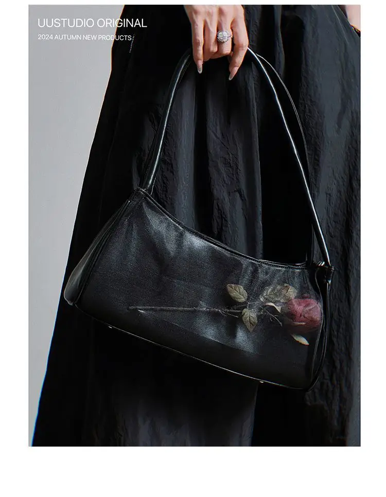 JIAERDI Chinese Style Rose Black Underarm Bag Women Trendy Pu Leather Casual Shoulder Bags Ladies Retro Y2k Handbag 2025 New