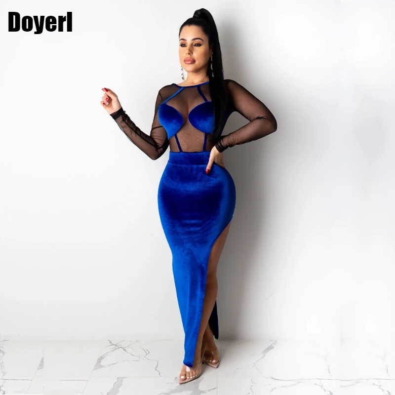 Backless Sexy Party Long Dress Women Open Back Sleeve Velvet Patchwork Sheer Mesh High Split Elegant Bodycon Maxi | Женская одежда