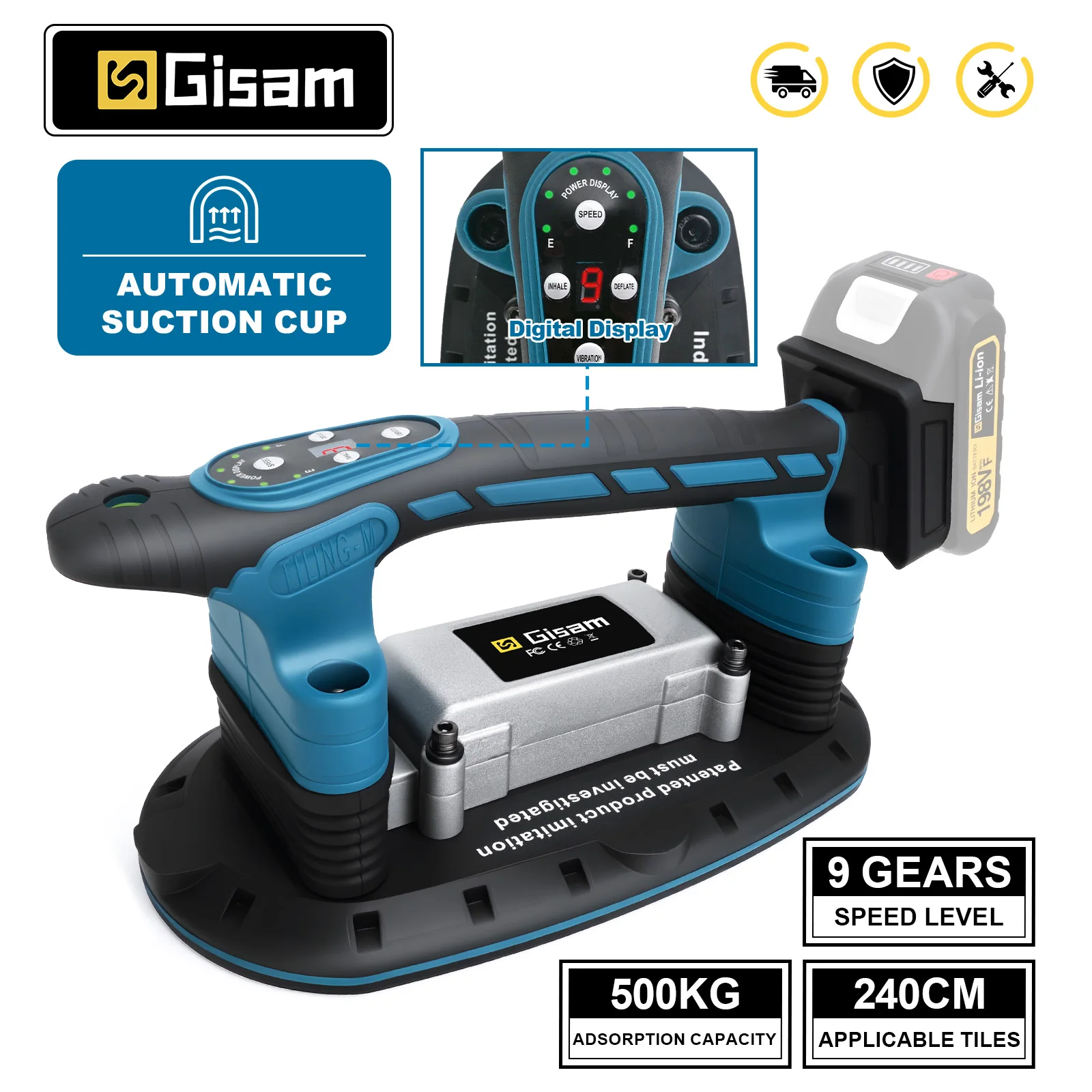 GISAM Tile Laying Machine 500kg, floor vibrator with suction cup 9 gears, leveling power tool compatible with Makita 18V battery pin