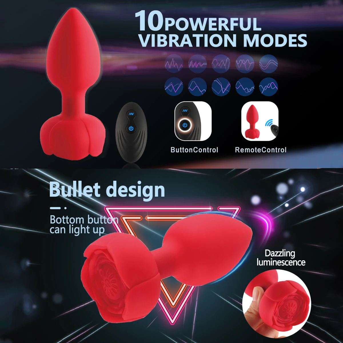 Rose Kauko-ohjattava Anustappivibraattori Seksilelut Miehille Naisille Homo G-piste Anaalivibraattorit LED-vilkkuva valo Eturauhaselle_voghion.com