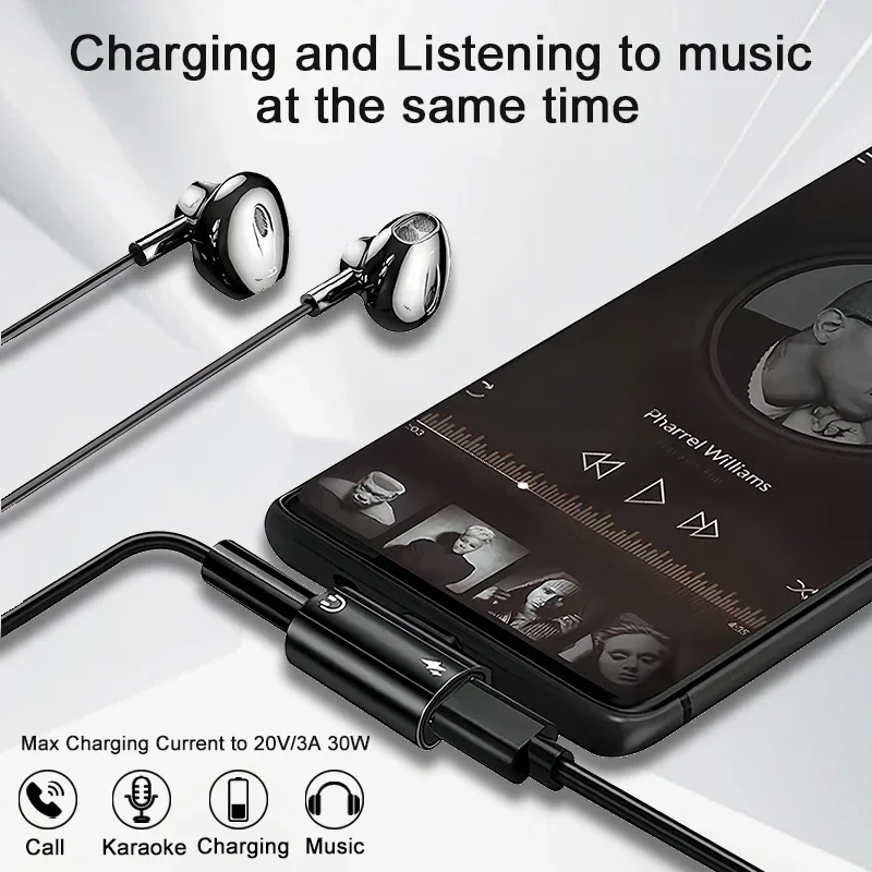 New Elbow USB Type C to 3.5mm Jack AUX Audio Headphone Converter Adapter Fast Charger 30W for Cell Phone Computer