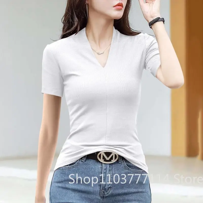 V-Ausschnitt Kurzarm-T-Shirt für Damen, Modisches Slim-Fit Oberteil, Weiches Casual-Top im Streetwear-Stil für Tägliche Sommer-Outfits – Detail 5