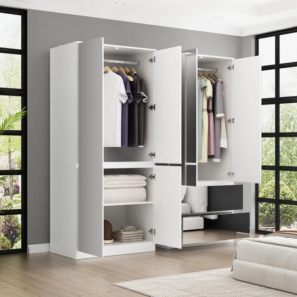 Large Mirror Wardrobe Armoire with Drawers 63" Wide Wardrobe Armoire Closet with Glass Full Length Mirror Doors Drawers 3