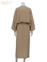 Clacive Casual Loose Khaki Cotton 2 Piece Sets Women Outfit Fashion Puff Sleeve Lace-Up Shirt With High Waist Long Skirts Set - Image 5