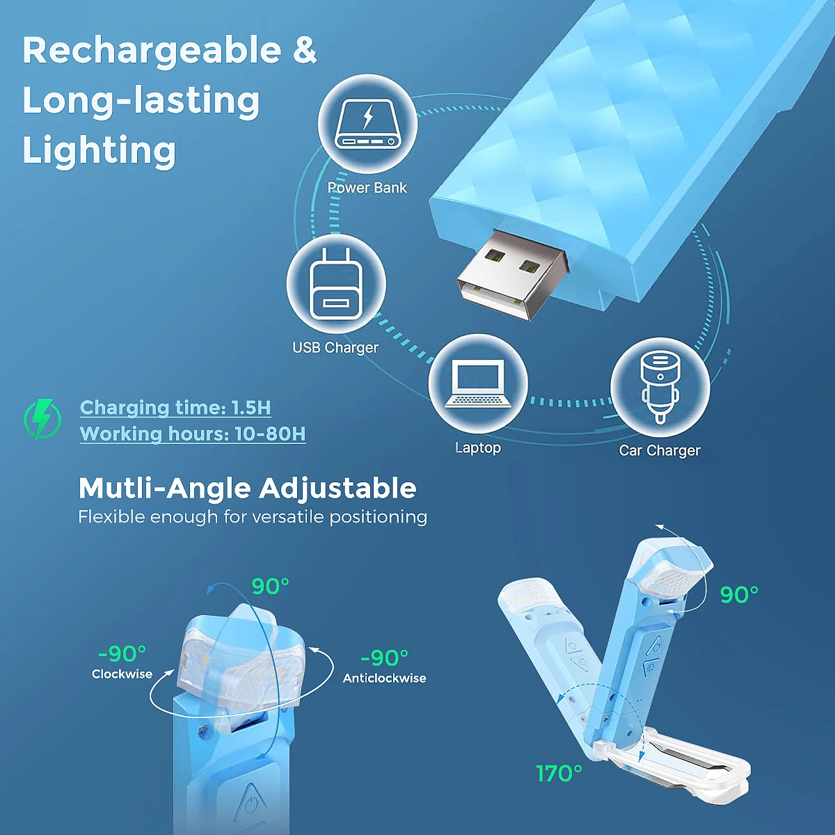 Description Picture 5 of itemReading Lamp Book Clamp, Eye-Friendly Bed Reading Lamp with 3 Colours & 5 Dimmable Brightnesses, Rechargeable Book Lamp, Book Re
