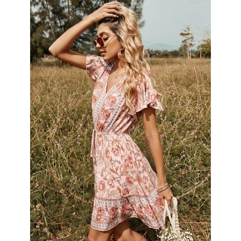 

2023 Spring and Summer New Lotus Leaf Short-sleeved V-ne Dress Straps Pink Print Ladies Short Width Dress Temperament Retro