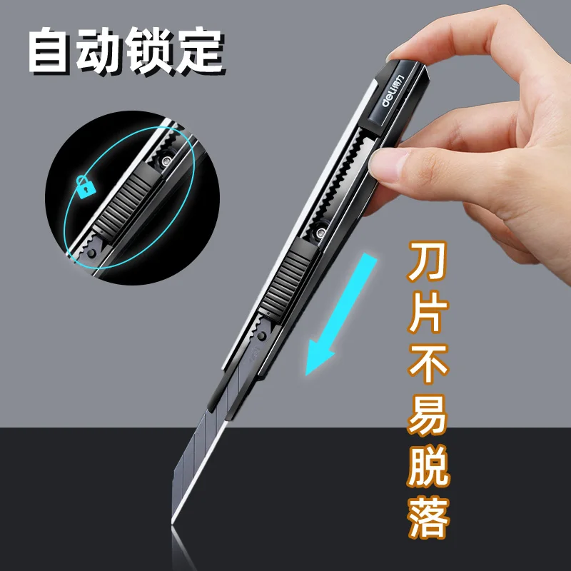 Utility Knife Deli 9mm Snap off Box Cutter Zinc Alloy Shell SK5 High Carbon Steel Sharp Blades Auto Lock Design Hand Tool Gift