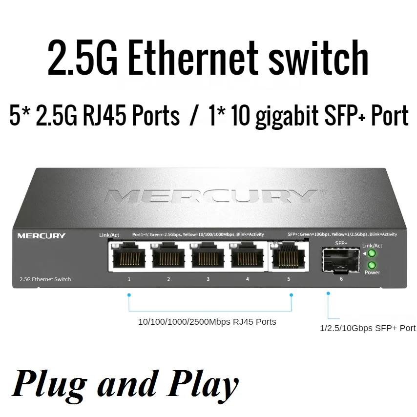

1/2.5/10Gbps SFP+ Port, 5* 2500Mbps RJ45 Ports Desktop Ethernet Switch 2.5 Gigabit Ethernet Network Switch IEEE 802.3bz/3ab/3x