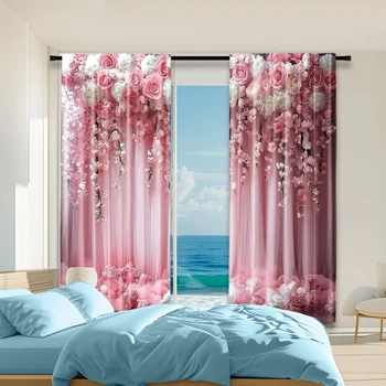 2 pezzi, versatili tende trasparenti in poliestere per la decorazione domestica Floreale rosa da utilizzare nelle camere da letto e nei soggiorni 1