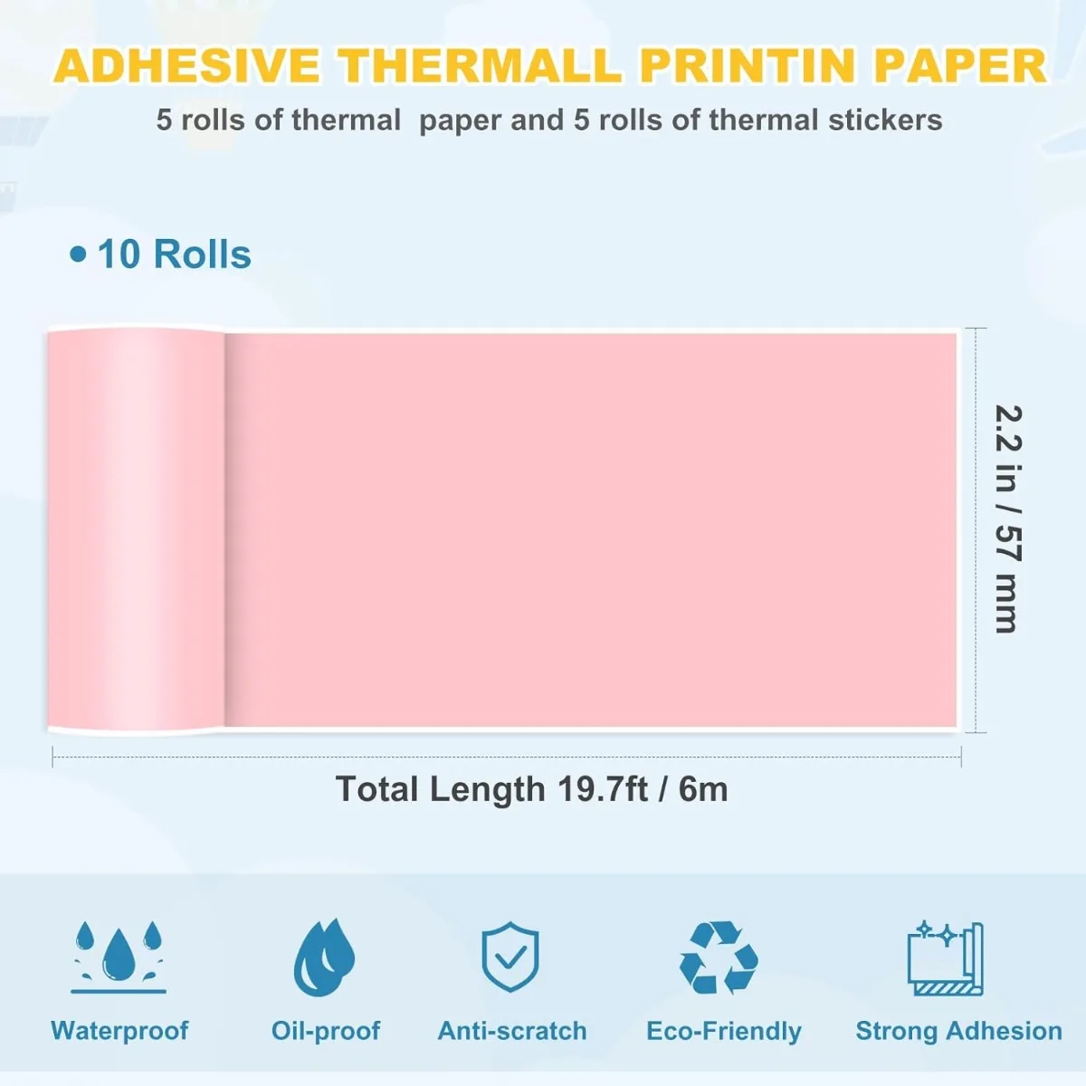 Rollos de papel adhesivo para impresora térmica, rollos de papel de recibos de colores blancos para Mini impresora de bolsillo, 10 rollos de 2,2 pulgadas x 19 pies, POS