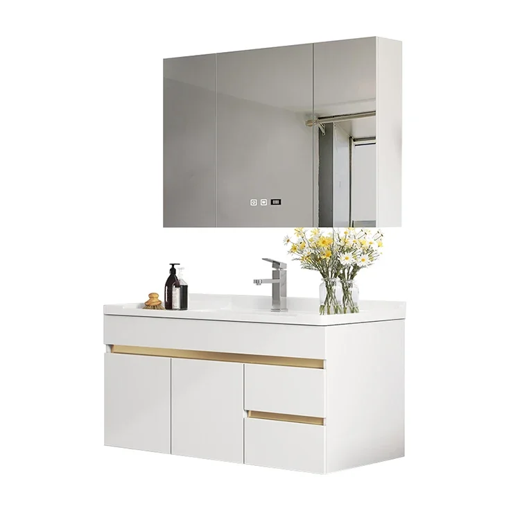 Waterproof Washroom Furniture small Modern white Mount Floating Bathroom Storage Vanity Cabinets Sets With Sink Basin