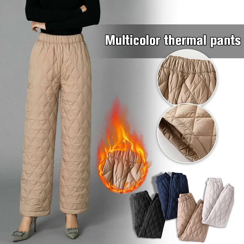 Women Winter Warm Down Cotton Pants Padded Quilted Trousers Elastic Waist Casual Trousers Outwear Thick Warm Cotton Pants