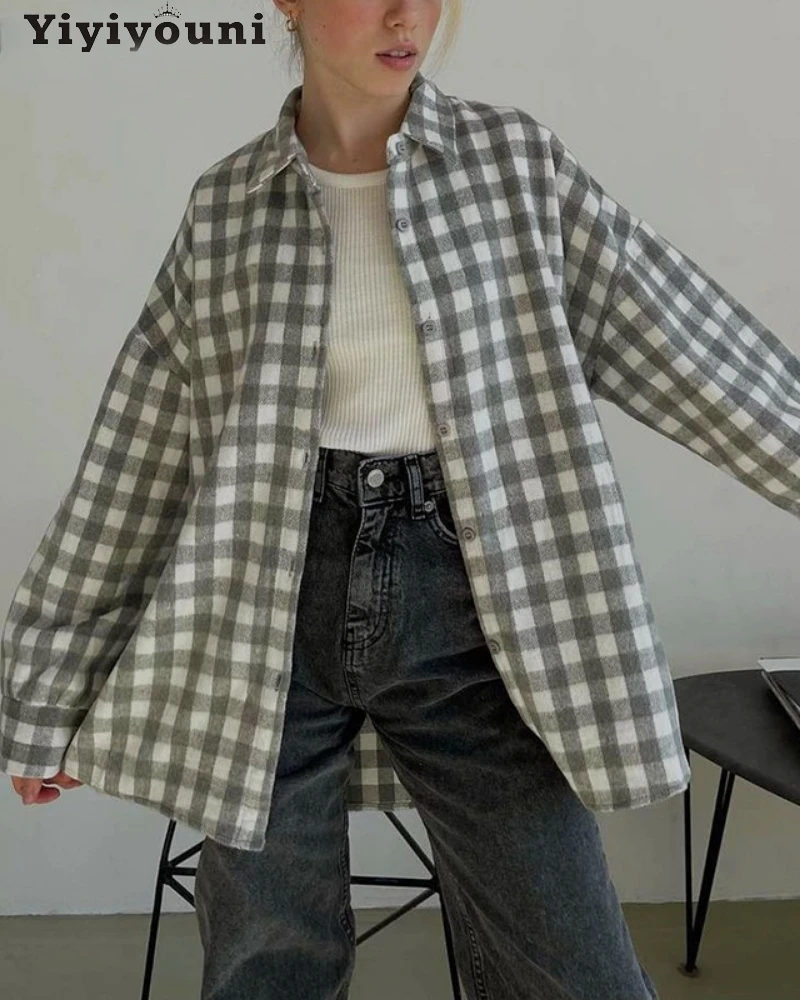 Yiyiyouni Early Spring Casual Plaid Shirts Women Vintage Turn-down Collar Loose Checkered Shirts Female Outwear Korean Tops 2022