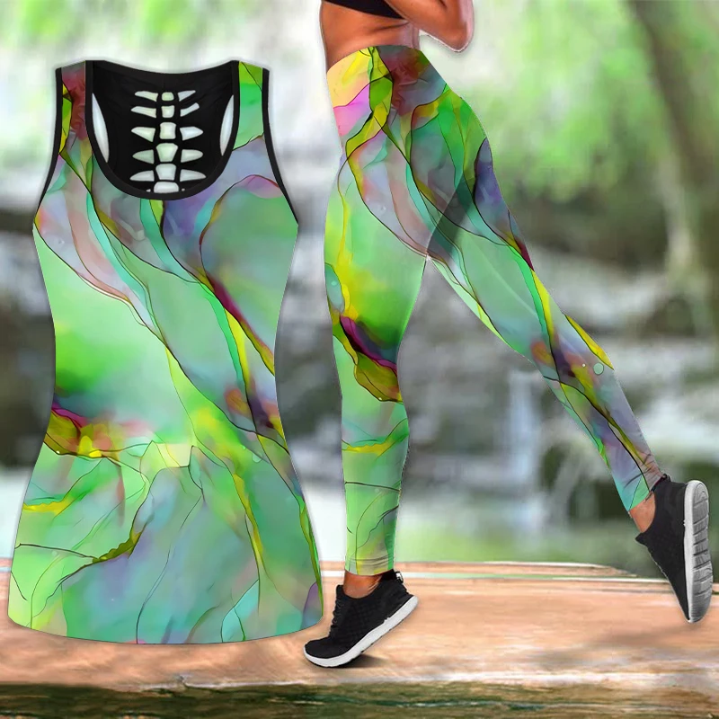 

Женские Модные Леггинсы для йоги с 3D акварельными рисунками радуги + комбинированная ажурная майка летняя графическая рубашка без рукавов