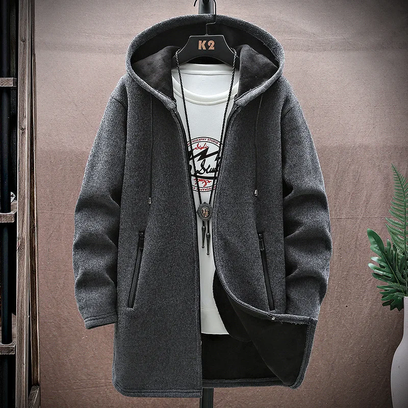Autumn and Winter Korean Edition Sweater Slim Fit Mid Length Hooded Sweater Fashion Casual Cardigan Knitted Coat