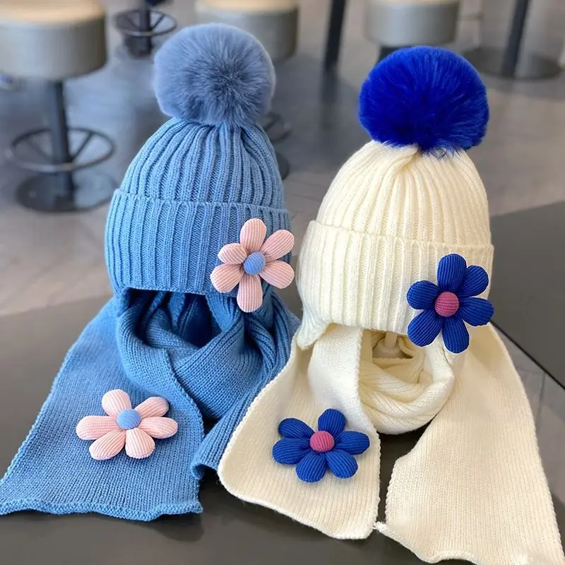 Cute Floral Children Hat Winter Soft Warm Knitted Girl Hats Beanie Solid Color Infant Toddler Cap Bonnet Kids Caps 1-5 Years Old