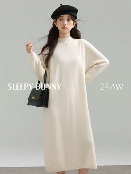 Elegante abito in maglia di lana girocollo manica lunga midi slim abito ampio per donne piccole autunno inverno caldo moda casual 2025 1