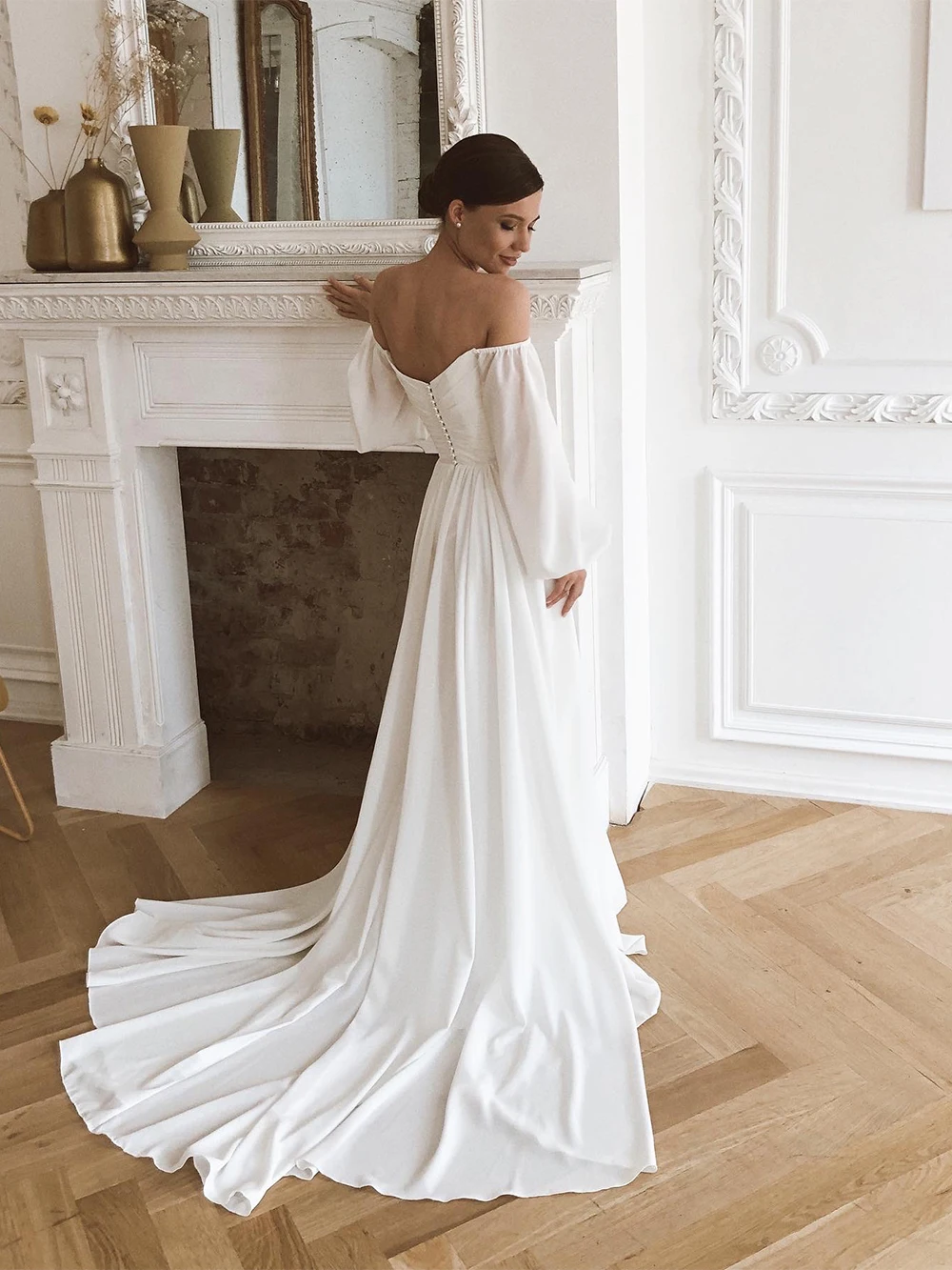 VIKTORIA Off Shoulder Ruched Chiffon Long Bishop Sleeves Wedding Dress V-neck Custom Made A-Line Buttons Bridal Gown Custom Made plus size wedding dresses