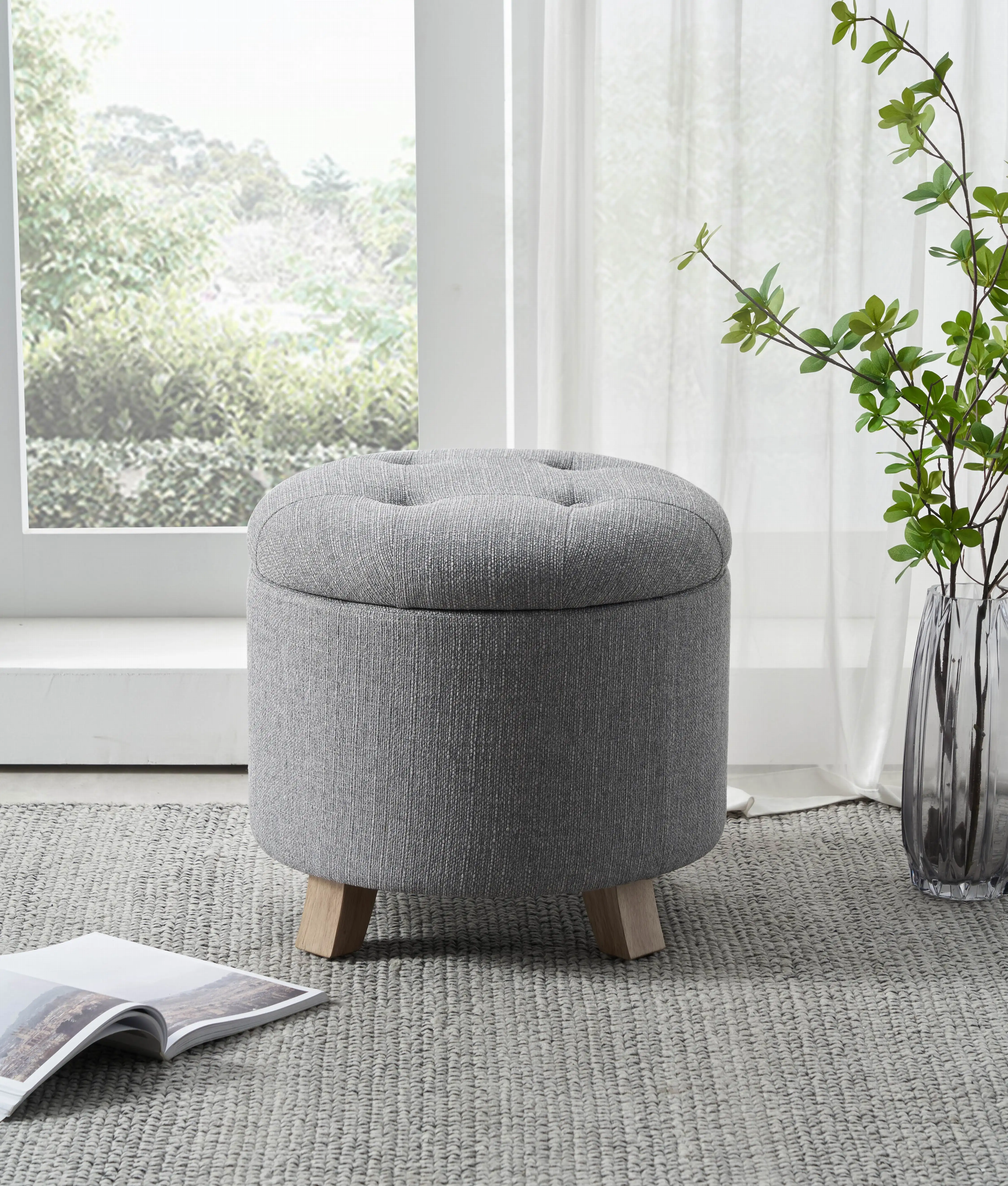 

Round Tufted Storage Ottoman, Gray Faux Linen, 9.9 lbs, Linen-inspired fabric upholstery,Hold up to 225 lbs