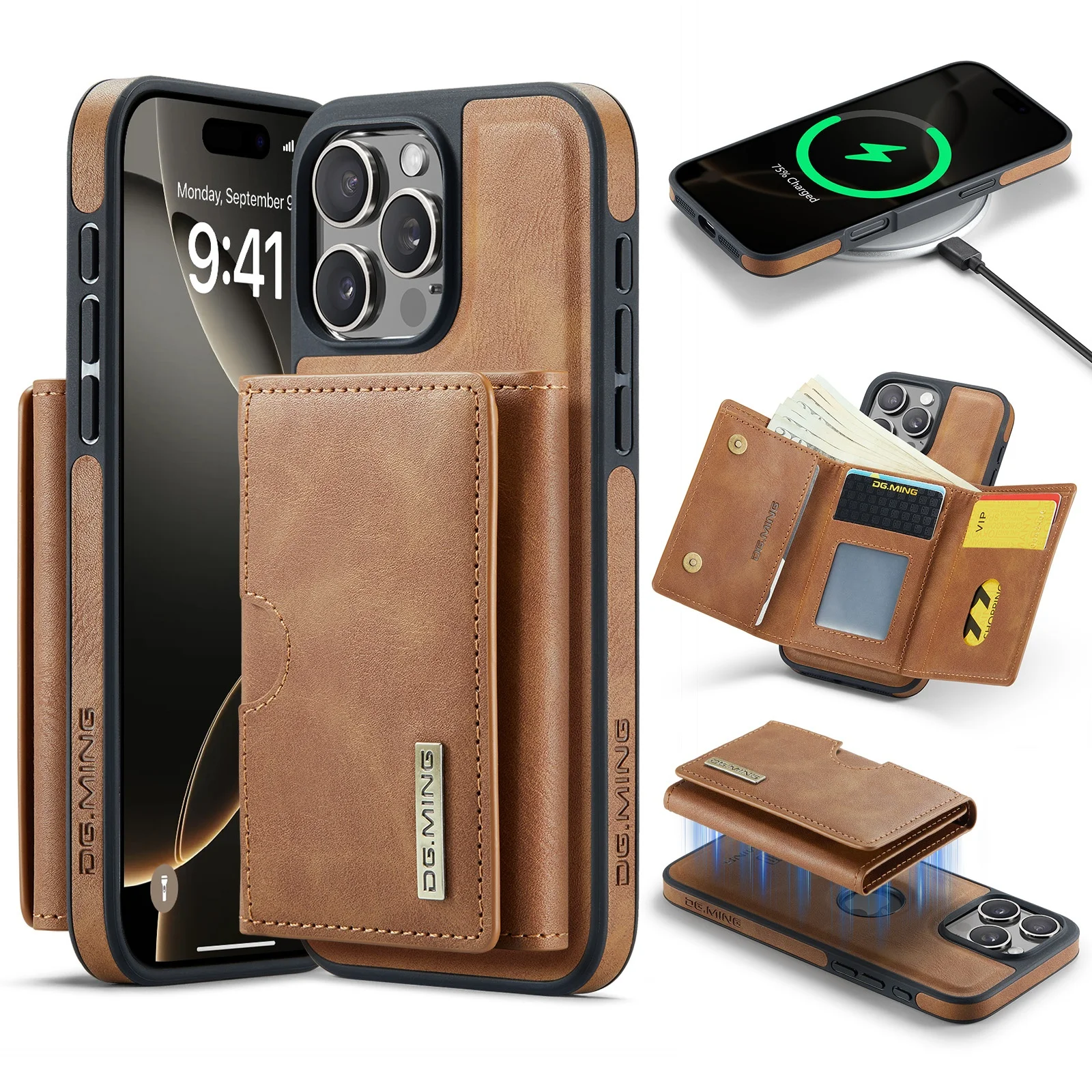 Magnetic Leather Detachable Wallet Phone Case with Wireless Charging and Card Slots