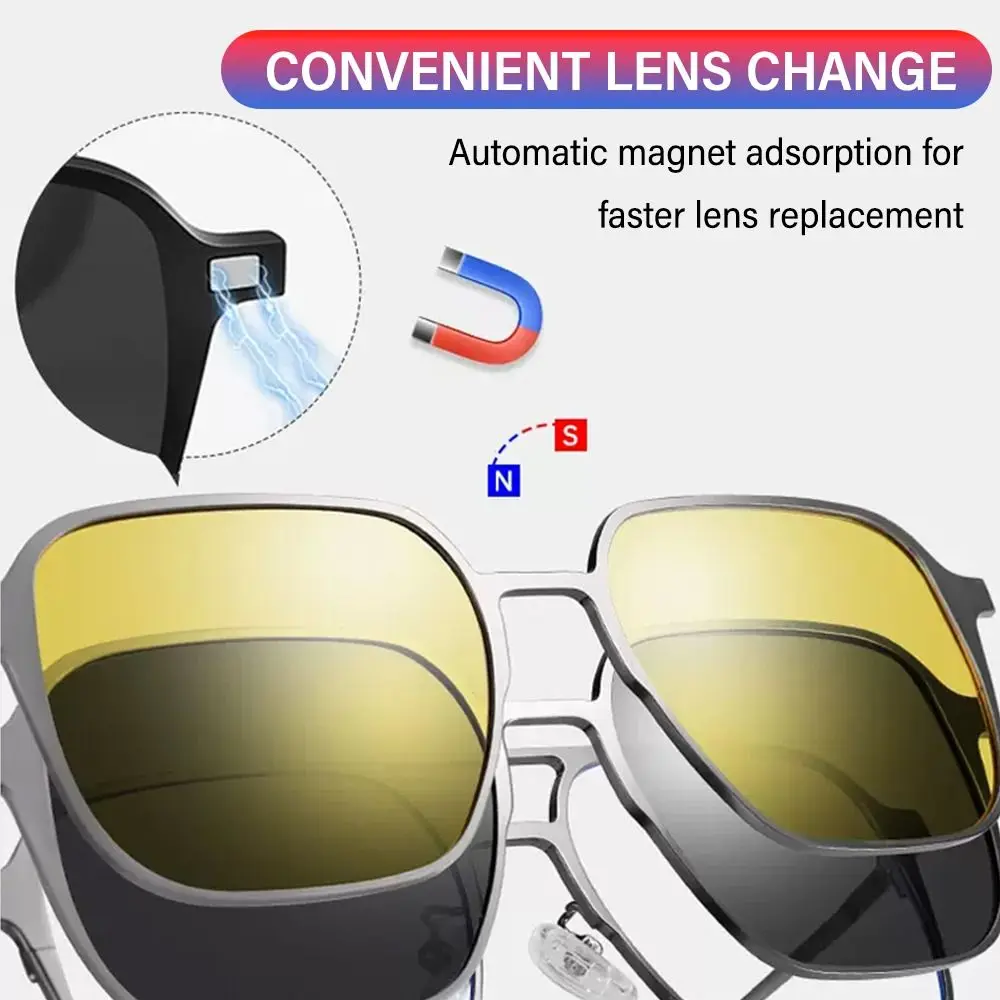 New Style 3 In 1 Glasses, Metal Anti Blue Light Glasses with Magnet Clip On Polarized / Night Vision Sunglasses