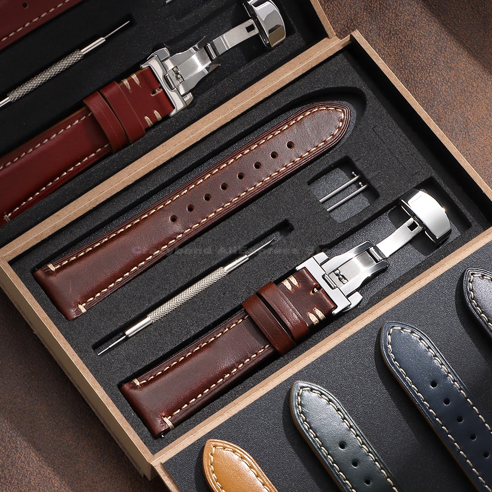 Luxurious Genuine Leather Wrist Bracelet with Butterfly Clasp - Elegant Watch Band Accessory with Gift Box