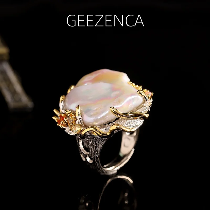 

GEEZENCA Baroque MABE Pearl 925 Sterling Silver Luxury Rings Women Zircon Hyperbole Wider Resizable Ring 2023 New Party Gift