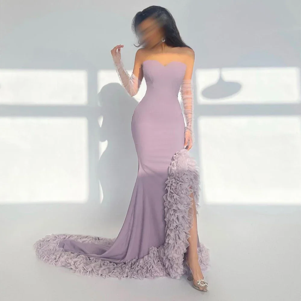 

Strapless Boat Neck Captivating Evening Dresses Side Split Sexy Mermaid Ruffles Prom Gowns Custom Dubai Arab robes de soirée