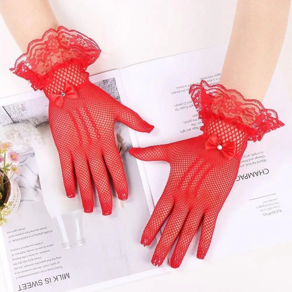 Lace Bow Decoration Gloves Elegant Lace Bow Wedding Gloves with Faux Pearl Decor Ruffle Edge Women's Prom for Bride for Special