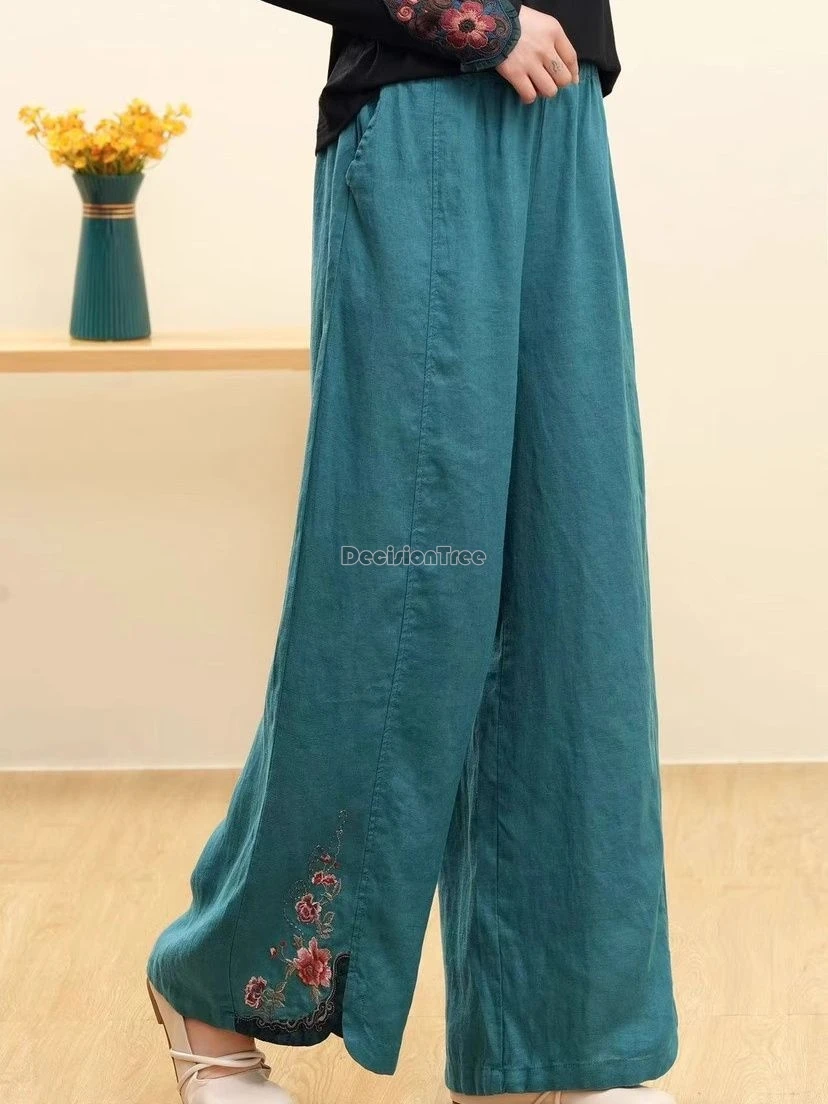new literature art casual pants chinese ethnic style elastic waist cotton linen trousers embroidery loose wide leg britches